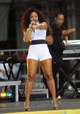 Ashanti shows her legs in white shorts as she performs on ABCs Good Morning America in New York